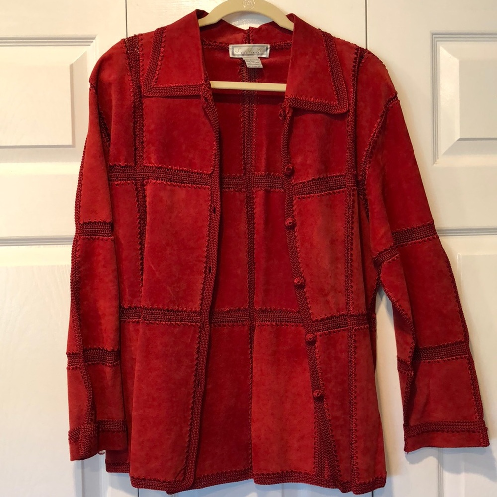 Striking red leather block jacket w/shiny red stitching by SMH BOUTIQUE - size L